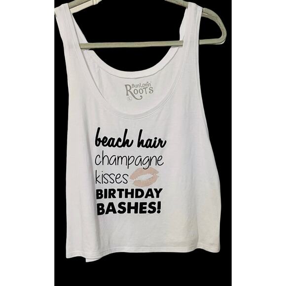 SUN LOVIN' ROOTS TANK TOP, WOMENS, L, WHITE WITH BLACK WRITING, SHORT-WAISTED - Picture 1 of 8